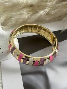 French Vintage Color-Block Drip Glaze Snap Bracelet, Gold-Trimmed Enamel Open Cuff, Luxury Layering Jewelry, High-End Color-Block Enamel C-Shaped Bangle - Multicolor - View 13