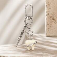 1pc/2pcs Unisex Rhinestone Teeth Funny Pendant Alloy Syringe Accessory Keychain Creative Bag Charm,Beaded Bag Charm - White - View 1