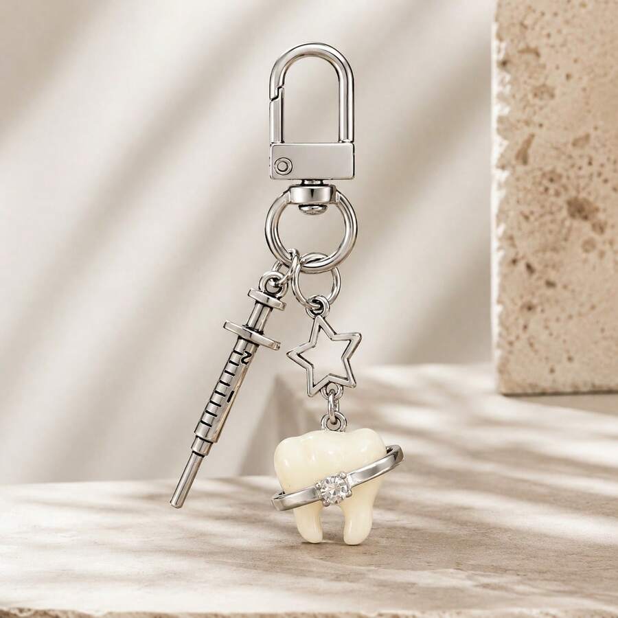 1pc/2pcs Unisex Rhinestone Teeth Funny Pendant Alloy Syringe Accessory Keychain Creative Bag Charm,Beaded Bag Charm - White - View 1