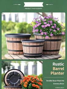 1pc Upgraded Whiskey Barrel Shaped Planter Set, Vintage Brown Plastic Flower Pot With Drainage Hole, Rustic Durable Decor Plant Container For Indoor Outdoor Garden Home Greenery Decor - Vintage Flower Pot - View 9