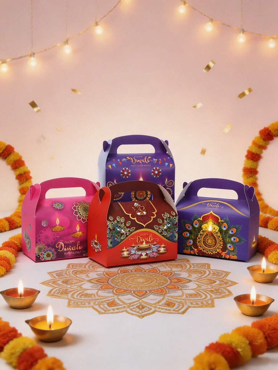 6pcs Diwali Gift Box Set, Diwali Gift Packaging Box, Party Guest Favor Box, Diwali Table Decoration, Suitable For Diwali, Anniversary, Theme Party, Gift Packaging - Multicolor - View 1