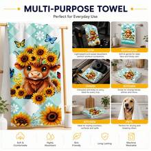2pcs Blue Green White Plaid Highland Cow Sunflower Kitchen Towels, Cute Country Farmhouse Style Soft Microfiber Rectangular Printed Absorbent Quick Dry Hand Towels, Suitable For Kitchen Decor, Holiday Gifts 4/6/8pcs Set - Multicolor - View 7