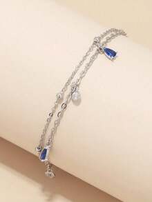 SYMFNY 1pc Fashionable & Exquisite & Simple Blue Teardrop Cz Chain Bracelet Suitable For Women's Daily Wear Holiday - Double layer - blue water drop - View 4