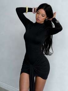 Autumn Dress.Black Ribbon Half-High Neck Base Dress.Elegant,Dating,Party,Wedding,Festival,Birthday Fall - Black - View 2