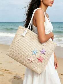 Vacation Style Relaxed Fashion Woven Tote Bag, Starfish Hanging Decoration Design, Large Capacity Simple And Atmospheric Texture Shoulder Bag. - Beige - View 3