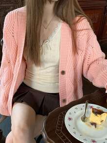Korean Style Cozy Knit Cardigan For Women, Early Autumn Outfit, Pink Slouchy Loose Sweater Jacket - Pink - View 4
