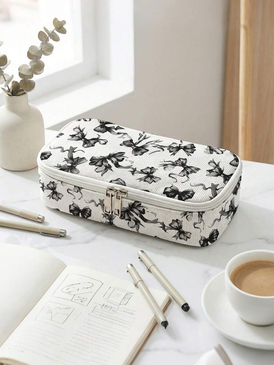 1pc, Bow Pattern Print Large Capacity Teenager Pencil Case, Compartment Pencil Bag, School Large Capacity Storage Bag, Storage Box, Suitable For Girls And Boys Students, Back To School Gift, Holiday Gift - Multicolor - View 1
