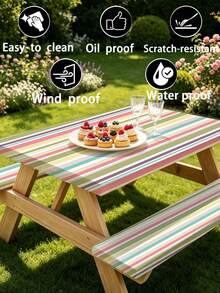 Juego de 3 piezas de mantel para picnic con funda para banco, diseño de borde elástico, patrón a rayas, mantel rectangular lavable, adecuado para bodas, camping, picnics, fiestas en el jardín y talla grande, esencial práctico - D - Ver 9