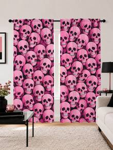 2PCS, Pink Skull Print Curtains, Dark Sweet Cool Style, Halloween Party Home Decor Fabric Curtains - Multicolor - View 1