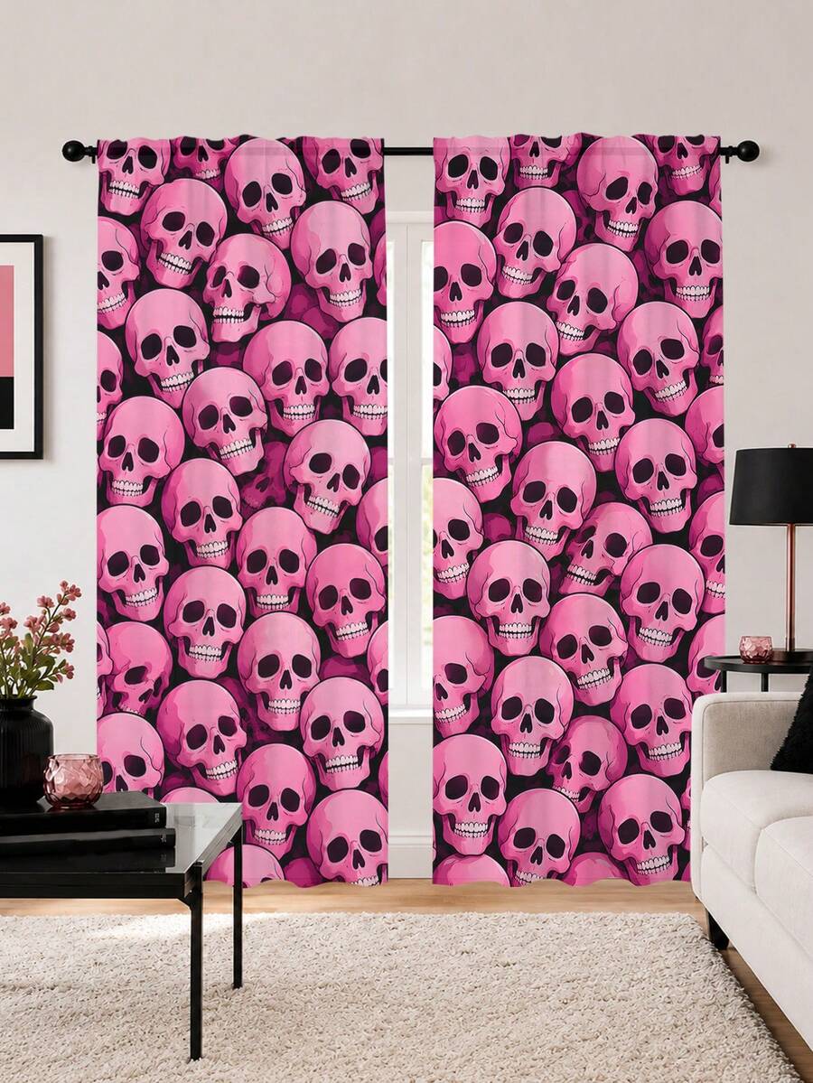 2PCS, Pink Skull Print Curtains, Dark Sweet Cool Style, Halloween Party Home Decor Fabric Curtains - Multicolor - View 1