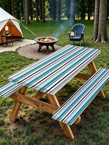3 Pieces Picnic Tablecloth Set With Bench Cover, Elastic Edge Design, Striped Pattern, Washable Rectangular Tablecloth, Suitable For Weddings, Camping, Picnics, Garden Parties And More, Practical Essential - D - View 2
