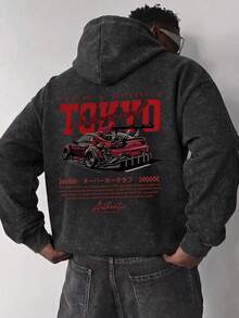 Men's Sports Car Back Graphic Japanese Street Style Washed Distressed Hoodie - Black - View 1