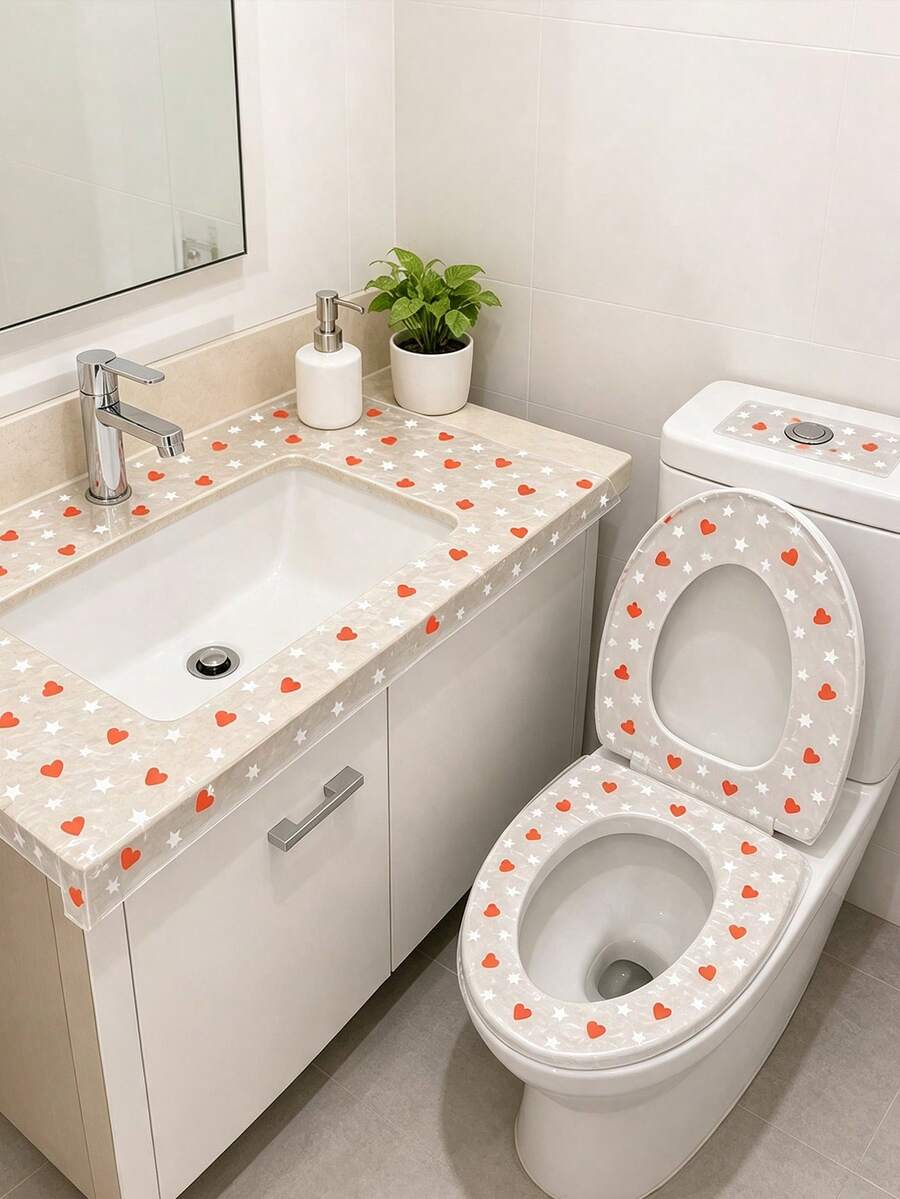 Waterproof PE Material Sanitary Protective Film (With Easy-Tear Perforation), Heart & Star Pattern, Portable & Hygienic, Suitable For Toilet Seat, Bathroom Countertop, Flush Button, Door Handle, Remote Control - Multicolor - View 1