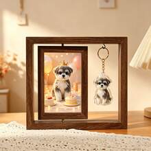 Desktop Photo Frame With Cute Cartoon Animal Accessories, Pet Memorial Photo Frame With Hanging Keychain, Cat & Dog Photo Double-Layer Desktop Display Stand, Transparent Resin Pet Keychain, Embedded Real Hair Cat & Dog Pendant, Cute Dog 3D Building Block Pendant, Creative Pet Memorial Accessory - Brown + With Charm - View 2