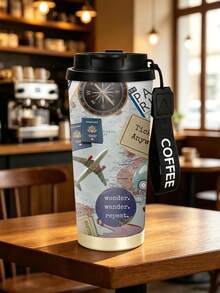 1pc/5pcs 500ml Wanderlust Travel Insulated Coffee Mug With Lanyard Lid, Vintage Collage World Map Compass Airplane Passport And Travel Quotes Print, Stainless Steel Reusable Cup, Suitable For Commuting Outdoor Gift - Multicolor - View 11