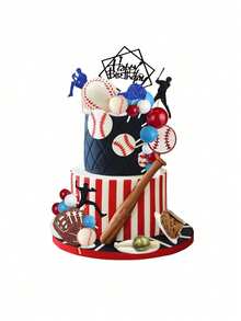 1 Set Baseball Theme Cake Decorations, Including Mini Baseball, Baseball Cap, Glove, Baseball Player Figurine, Happy Birthday Topper, Red Blue And White Foam Ball Cake Decor, Perfect For Baseball Theme Birthday Party Decoration, Men's Birthday Cake Decoration (Please Use With Tray And White Stick) - Multicolor - View 4