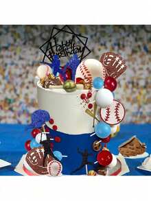 1 Set Baseball Theme Cake Decorations, Including Mini Baseball, Baseball Cap, Glove, Baseball Player Figurine, Happy Birthday Topper, Red Blue And White Foam Ball Cake Decor, Perfect For Baseball Theme Birthday Party Decoration, Men's Birthday Cake Decoration (Please Use With Tray And White Stick) - Multicolor - View 5