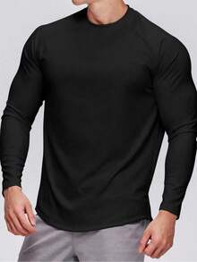 Men's Running Sports Raglan Oval Cut Long Sleeve Cotton Combed T-Shirt - Black - View 3
