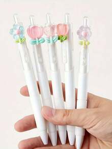 6pcs Floral Theme Neutral Pens, Student Black Ink Ballpoint Pens, Random Color Style, 0.5mm Tip Desktop Decoration, Floral Design, First Day Of School - Multicolor - View 8