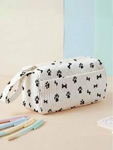 1pc Animal Paw Prints Corduroy Foldable Pencil Case With Side Pocket & Handle, Multi-Use Bag For Start Of School & Travel Essentials,School Supplies - Multicolor - View 10