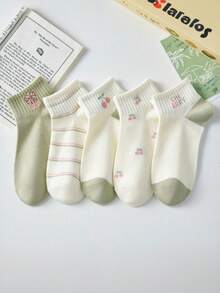 5 Pasang Kaos Kaki Wanita Motif Garis-Garis Ceri Acak, Kaos Kaki Pendek Motif Buah Segar, Kaos Kaki Pendek yang Lucu dan Manis - MultiWarna - View 3