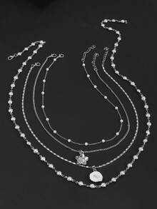 Multi-Layer Stackable Versatile Casual Ocean Style Vacation Geometric Tassel Necklace Set - Silver - View 3