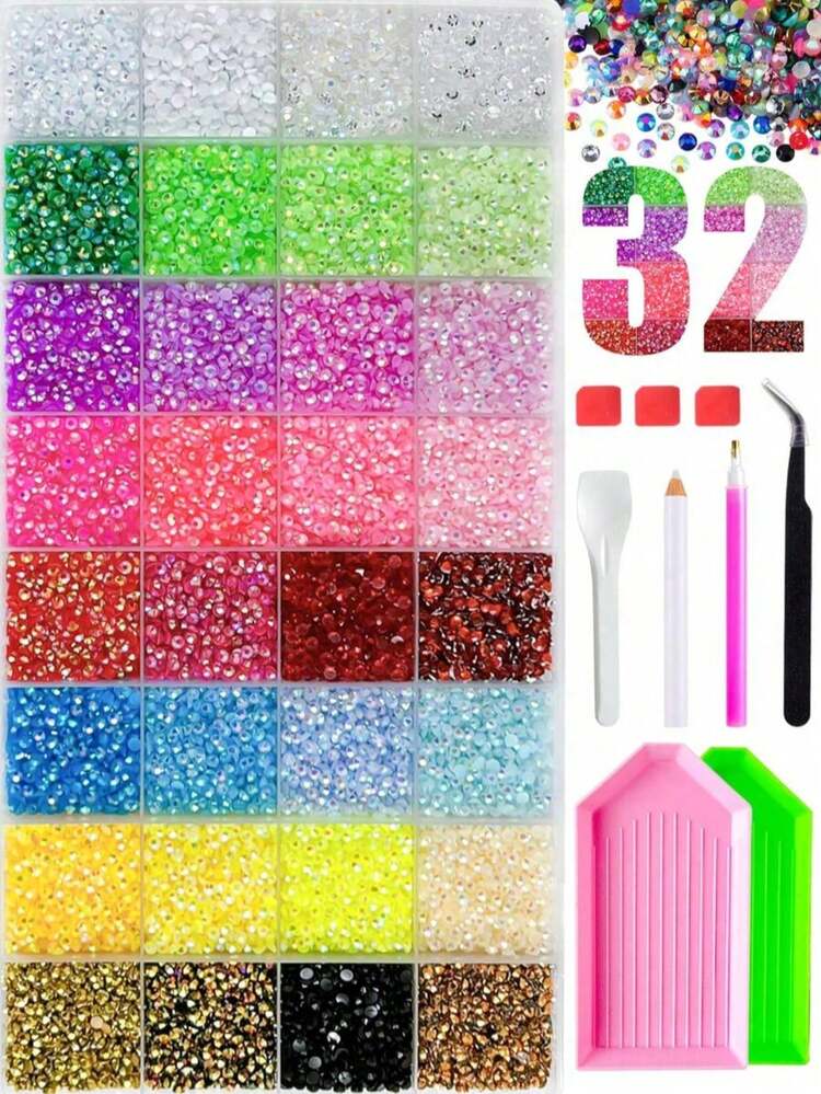 28 Colors Rhinestone Decoration Set, Multi-Color 3mm Flat Bottom Resin Rhinestone Gems, Suitable For Diamond Painting, Book Craft, Nail Art - Multicolor - View 1