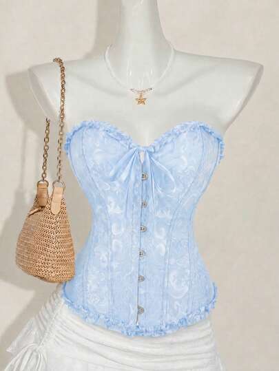 Light Blue Corset Top With Bandeau Design, Ruffle Trim, Women's Corset Top, Daily Wear, Halloween Party