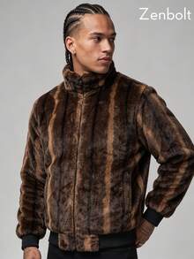 Zenbolt Men Soft Plush Long Sleeve Outer Jacket, Elastic Ribbed Trim Zip Up Stand Collar Coat,Textured Stripe Daily Fashion Overcoat - Brown - View 4