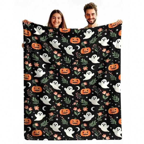 1pc Halloween Flannel Throw Blanket, Cute Ghost Pumpkin Floral Leaf Print Soft Comfortable Casual Blanket, Black Background Halloween Sofa Bed Decor Blanket, Size 50*60in