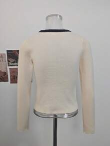 Sexy Asymmetrical Hem Bow Contrast Color Long Sleeve Knit Sweater, Slim Fit Flattering Versatile Knit Top For Autumn/Winter - Apricot - View 7