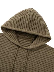 Men's Vertical Striped Textured Knit Hoodie, Loose Fit, Dropped Shoulder, Drawstring Hood, Casual Thick Knit Pullover Top, Autumn/Winter - Brown - View 4