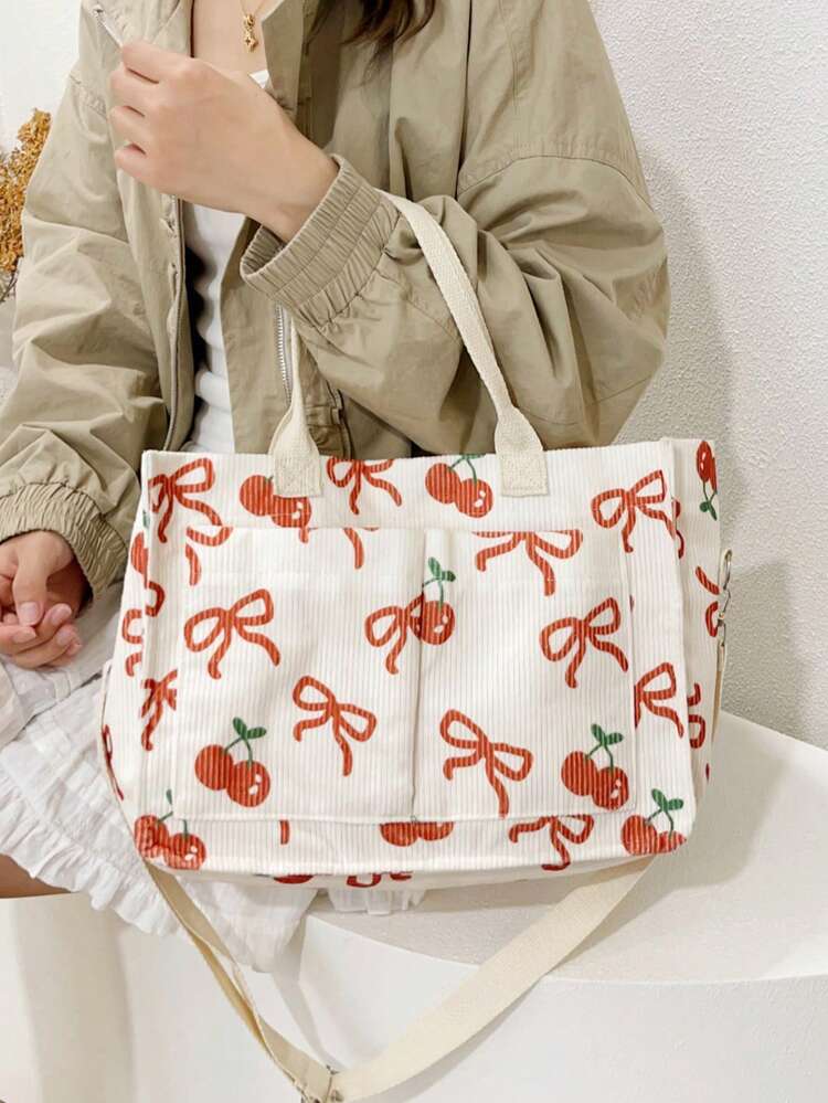 Cute Printed Corduroy Tote Bag For Women, Large Capacity Student Handbag For School, Japanese Casual Shoulder Crossbody Canvas Bag, Lightweight Tote Bag With Front Pocket, Portable Lunch Bag Suitable For Work And Daily Use, White And Black Polka Dot Pattern - F - View 13