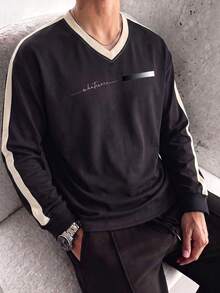 男士春秋英文字母漸層拼色對比寬鬆落肩V領長袖T恤 - 黑色 - 查看 1