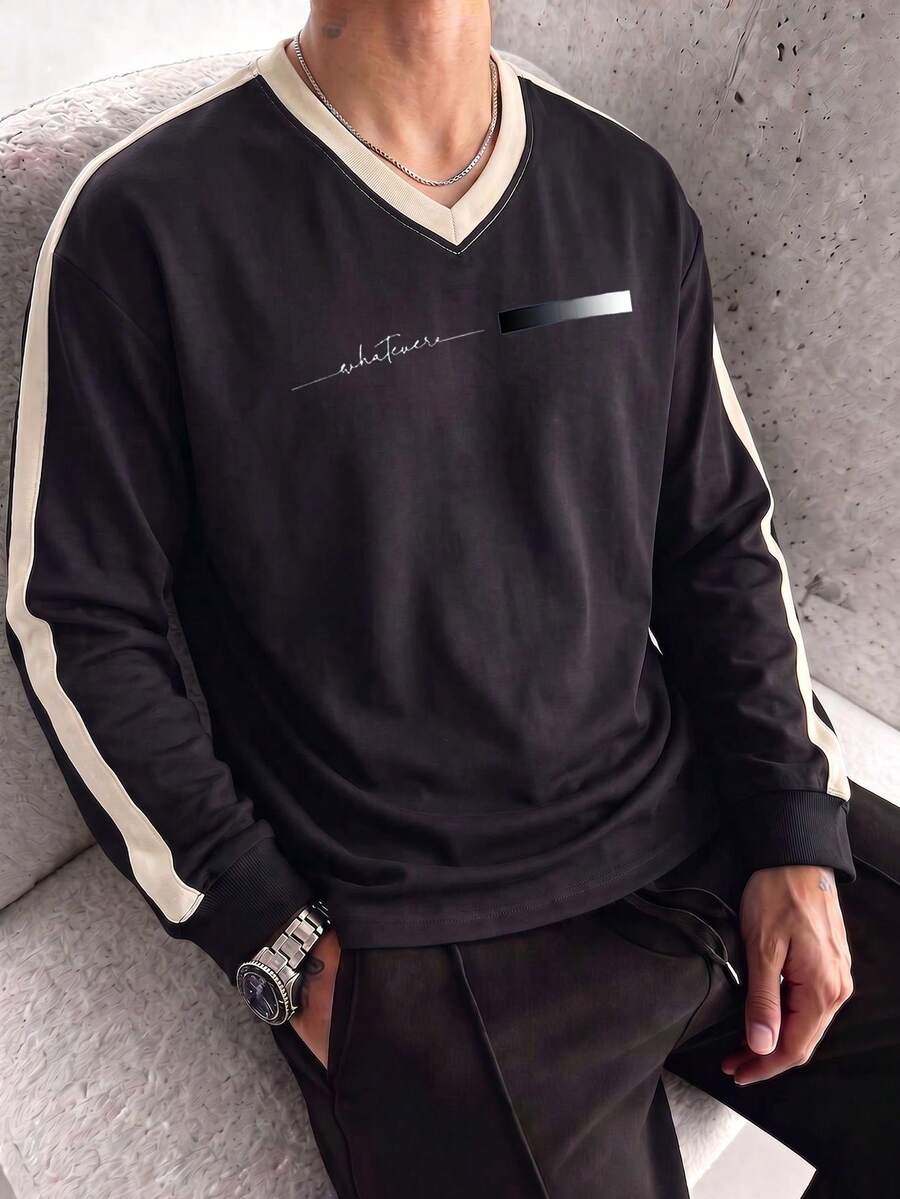 男士春秋英文字母漸層拼色對比寬鬆落肩V領長袖T恤 - 黑色 - 查看 1