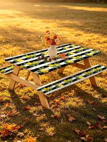 3 PiecesPicnic Tablecloth Set With Bench Cover, Elastic Edge Design, Line And Floral Pattern, Fresh Style, Washable Rectangular Tablecloth, Suitable For Wedding, Camping, Picnic, Garden Party And More, Practical Essential - B - View 10