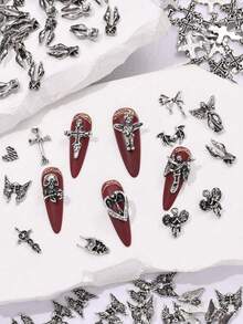 10PCS Halloween Gothic Cross Skull Angel Nail Charms Dark Vintage Metal Nail Art Decor For DIY Press On Nails Party - Silver - View 3
