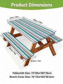 3 Pieces Picnic Tablecloth Set With Bench Cover, Elastic Edge Design, Striped Pattern, Washable Rectangular Tablecloth, Suitable For Weddings, Camping, Picnics, Garden Parties And More, Practical Essential - D - View 3