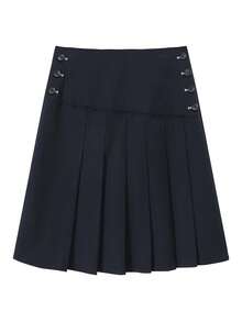 CHUU Women's Autumn Embroidered Letter Zipper A-Line Pleated Skirt With Multiple Buttons - Navy Blue - View 7