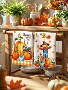 2/4/48pcs Kitchen Dish Cloths, Autumn Theme Dish Towels, Pumpkin & Maple Leaf Decor, Happy Fall Holiday Atmosphere Kitchen Cleaning Cloths, Absorbent Table & Dish Wiping Cloths, Multi-Purpose, High Absorbency Kitchen Towels - Multicolor - View 4