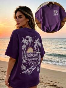 Letter Print T Shirt Women, Casual Loose Fit Round Neck Short Sleeve T-Shirt, Summer Graphic Tee, Basic Slogan Top, Everyday Wear, Women's Casual Tee - 紫色 - 查看 3