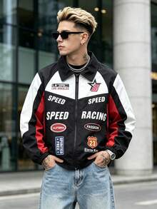 男士拼色賽車夾克，翻領全拉鍊多徽章圖案印花彈性袖口運動風外套，適合春秋日常穿著 - 黑色 - 查看 3