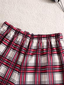 Tween Girls Bow Print Long Sleeve T-Shirt & Plaid Wide Leg Pants 2-Piece Set, Round Neck Loose Casual Outfit, Spring/Autumn Fashion Outing & Home Wear Set - Red - View 10
