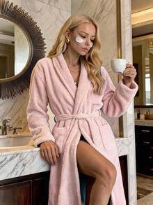 Bathrobe Soft Touch Contain Cotton Bathrobe For Women & Men - Made In Turkey, Lightweight, Absorbent, Comfortable Bath Robe - Baby Pink - View 2