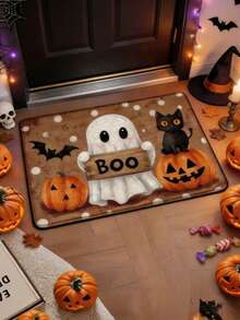 1pc Halloween Ghost & Black Cat Art Doormat, Personalized Aesthetic Style Decorative Rug, Highly Attractive Cozy Rectangular Entryway Hallway Bedroom Bedside Door Mat, Ins-Style Space Aesthetic Atmosphere Blanket, Dopamine Pumpkin Latte Style Cute Halloween Holiday Soft Decor Accent, Small Rug, Carpet, Doormat, Home Decor, Area Rug, Leisure Blanket, Small Bedside Rug, Door Mat, Washable Carpet - Multicolor - View 1