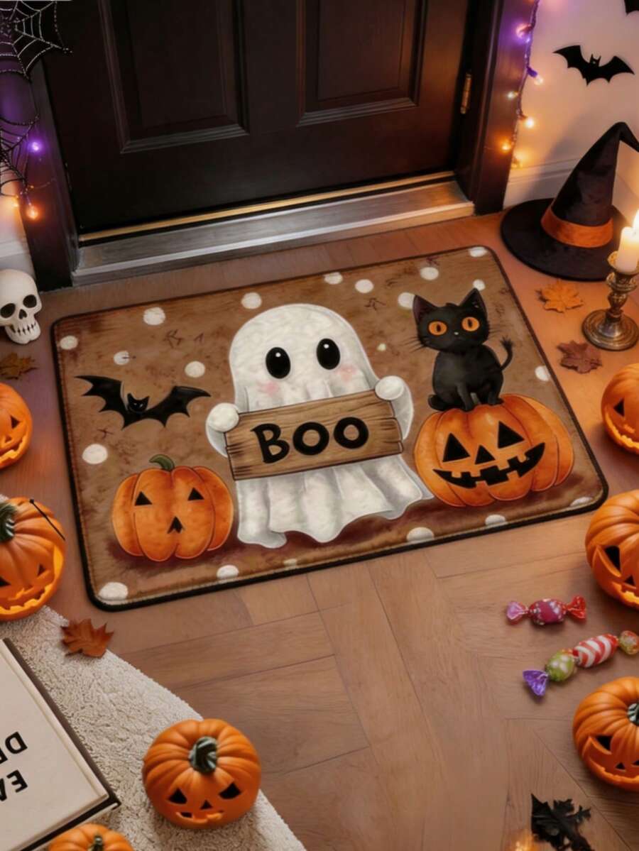 1pc Halloween Ghost & Black Cat Art Doormat, Personalized Aesthetic Style Decorative Rug, Highly Attractive Cozy Rectangular Entryway Hallway Bedroom Bedside Door Mat, Ins-Style Space Aesthetic Atmosphere Blanket, Dopamine Pumpkin Latte Style Cute Halloween Holiday Soft Decor Accent, Small Rug, Carpet, Doormat, Home Decor, Area Rug, Leisure Blanket, Small Bedside Rug, Door Mat, Washable Carpet - Multicolor - View 1