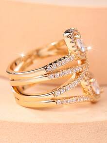 1 Stylish Double-Layer Interlaced Openwork Full-Set Cubic Zirconia Double-Centerstone Design Women's Ring - A Glamorous Evening Ring For Women - Yellow Gold - View 4