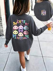 Big Girls Back Print Long Sleeve T-Shirt, Cute Colorful Dumpling Bow Print Soft Casual Autumn Top - Dark Grey - View 7