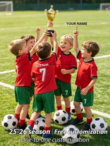 2pcs/Set Boys Soccer Jersey Set, Personalized Name/Club Customization, 7# Print Red Football Uniform, Short Sleeve & Shorts Set, Suitable For Boys & Girls, Sports, Cycling, Outdoor Running, Football, Star Player Style - Red - View 6