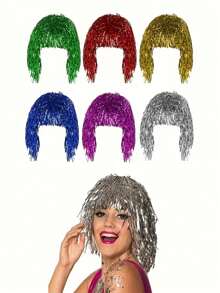 6/1pc Metallic Glitter Wig, Shiny Plastic Party Wig, Suitable For Cosplay And Birthday Party, No Feathers, No Electricity Required, Multiple Colors In Stock - Multiple Styles - View 1